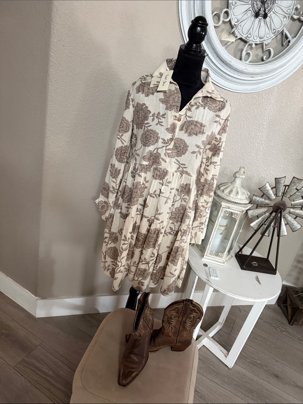 Violet & Claire Cream Mini Dress with Brown Floral Print